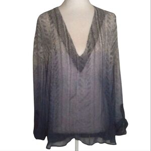 Language 100% Silk Blue Ombre Boho Printed Roll Tab Long Sleeve Blouse Medium